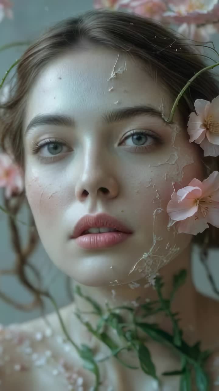 Vertical video: Camera starting model blinking and tilting in studio with cracked paint and vines