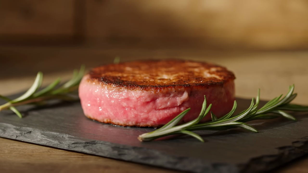 Seared Beef Medallion On Slate, Crispy Brown Crust, Pink Center, Fresh Rosemary Sprigs, Warm Rustic Kitchen