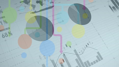 animation of statistics and data processing over colorful shapes on white