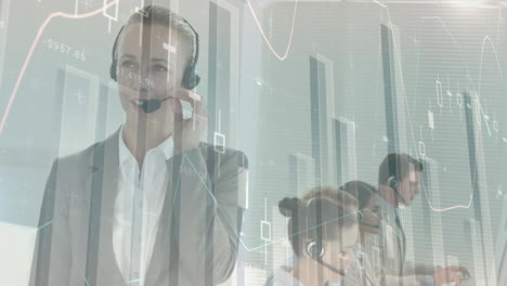 animation of statistics recording over business people using phone headsets