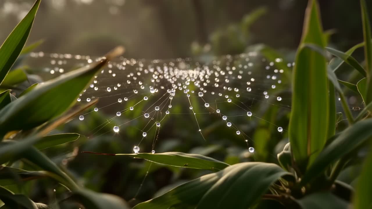 Foco seletivo, câmera se movendo para mais perto de uma teia de aranha úmida entre plantas verdes rasteiras, mostrando gotículas