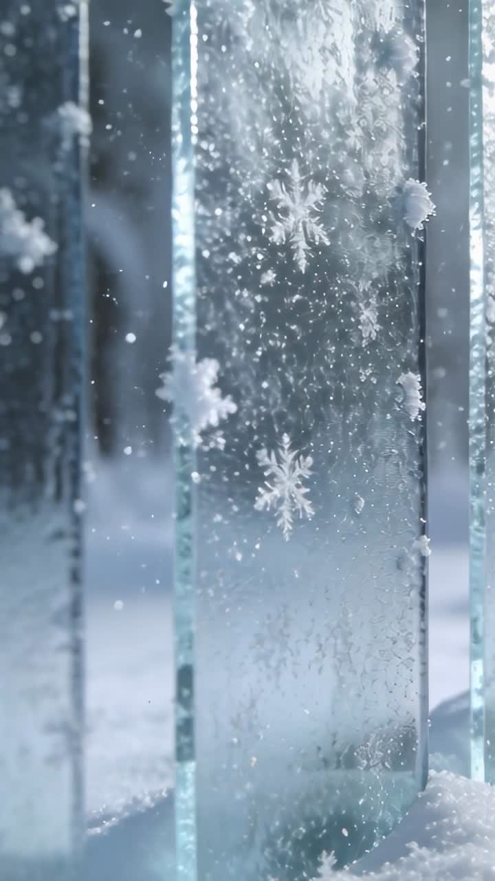 Video verticale: Neve che cade e copre un vetro centrale con motivi di fiocchi di neve incisi mentre la telecamera si sposta.