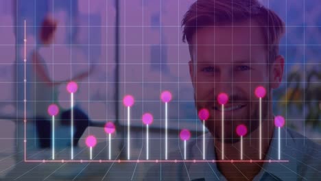 animación del procesamiento de datos estadísticos contra un hombre de negocios caucásico sonriendo en la oficina