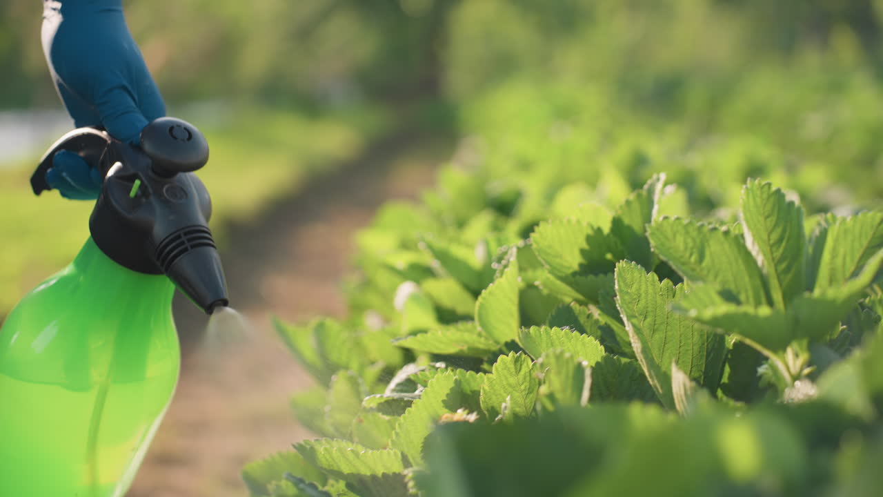 Primo piano di un giardiniere con guanti che fumiga foglie di fragola usando uno spruzzatore a pompa verde mentre un insetto ronza nelle vicinanze, la luce del sole crea nebbia e uno sfondo bokeh morbido per una scena di controllo dei parassiti.
