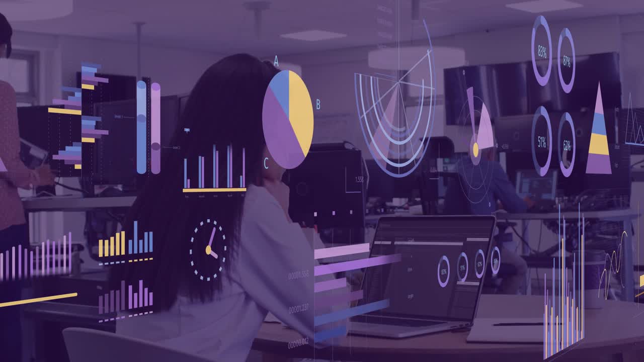 Animation of financial data processing over biracial businesswoman in office