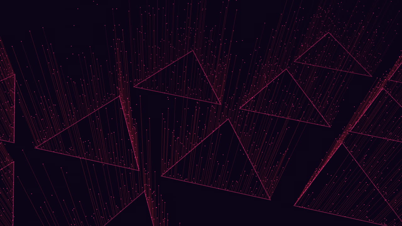 Dynamic abstract of glowing neon pyramid outlines with falling data particles on dark background, ideal for technology, sci fi, digital networks, innovation and futuristic concepts in video projects