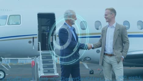 Animation-of-scopes-and-data-processing-over-caucasian-businessmen-shaking-hands-and-airplane