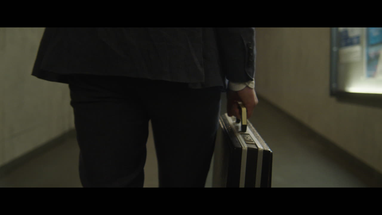 Man walking down a corridor with a rabbit head carries a briefcase