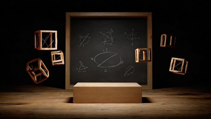 Un laboratorio di matematica enigmatico: forme geometriche fluttuanti ed equazioni sospese a mezz'aria sopra una superficie liscia di legno, circondato da un misterioso ambiente oscuro
