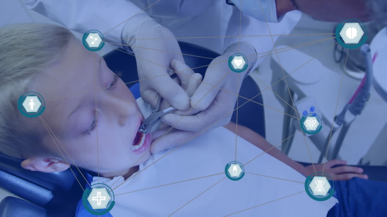 치과의사 의자에 있는 소년에 대한 아이콘과 연결 네트워크의 애니메이션