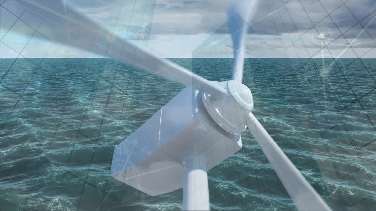 풍력 공장과 파도에 대한 연결 네트워크의 애니메이션