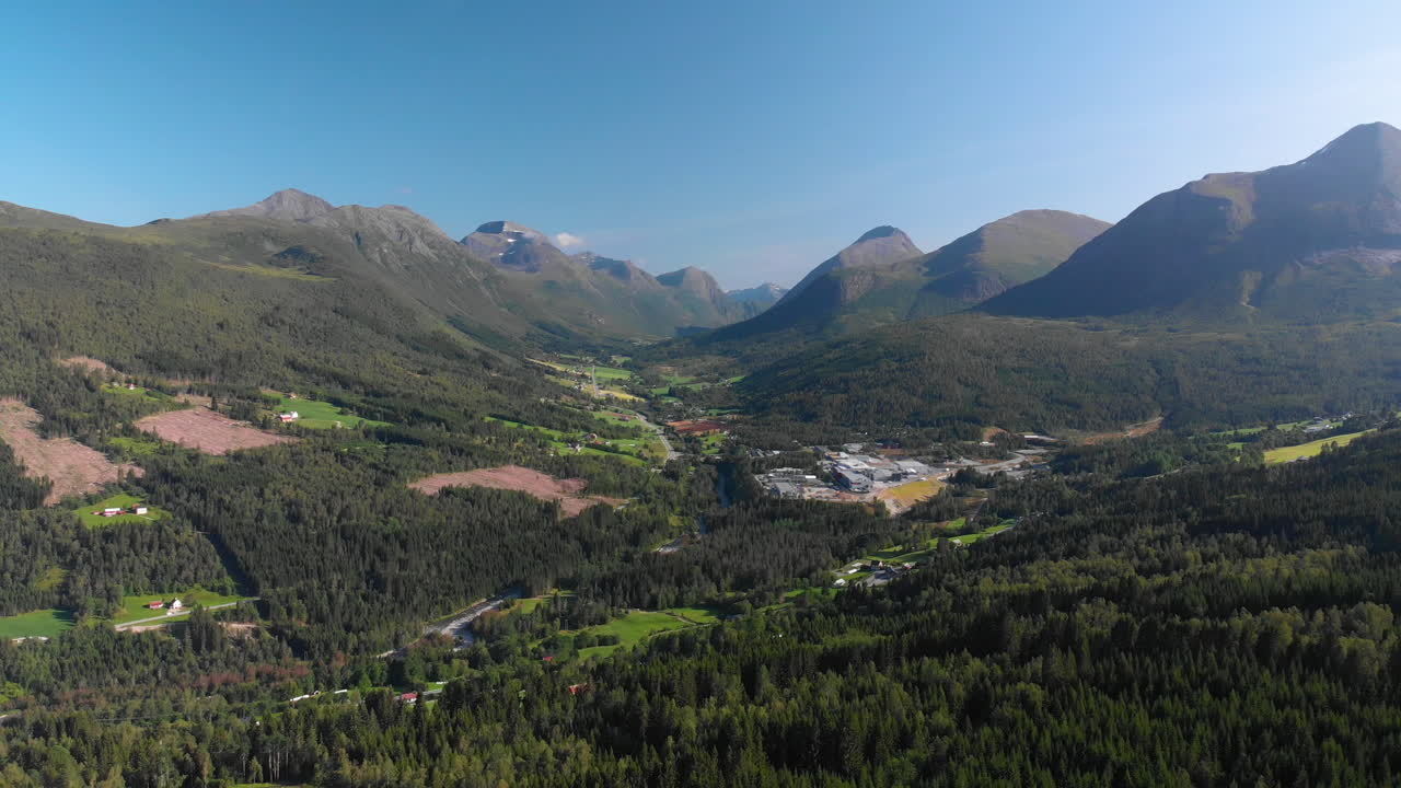 Aerial view of a norwegian landscape at summer, flying backwards