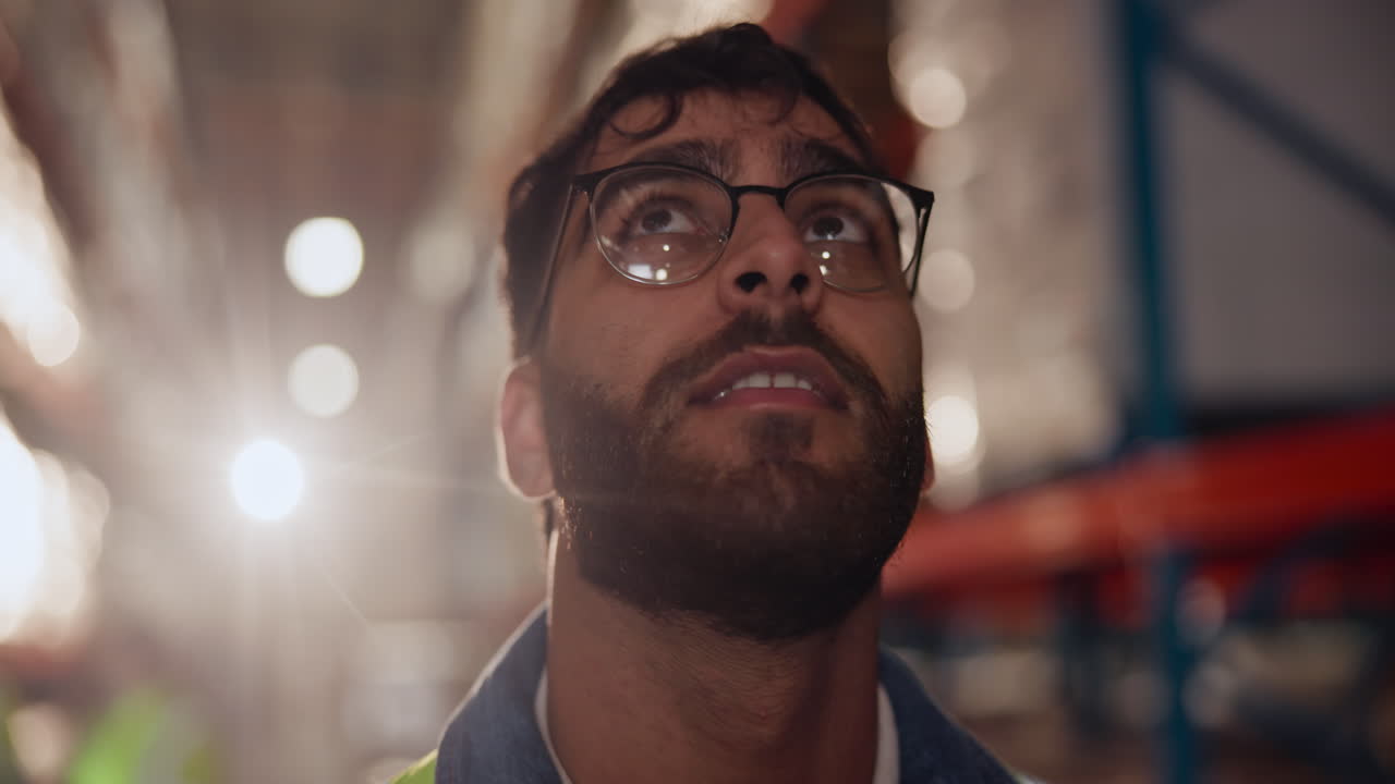 Man in Warehouse Looking Up