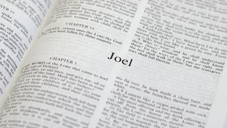 close up shot of bible page turning to the book of joel