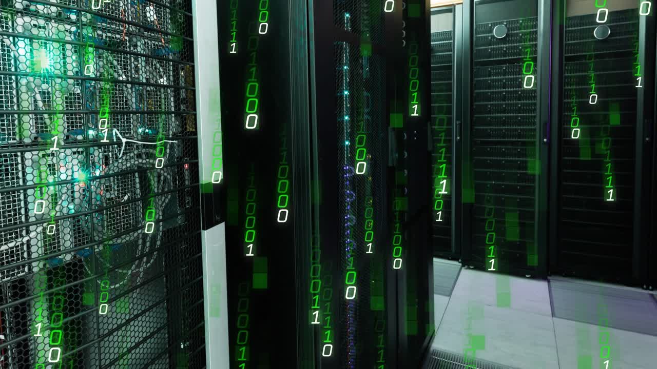 Animation of binary coding, data processing over computer servers