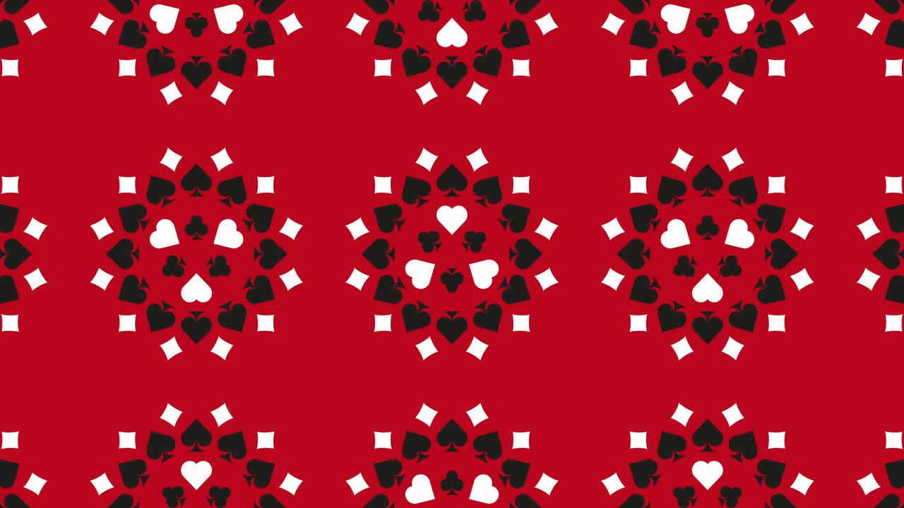 On a red background, playing card symbols (Diamonds, Clubs, Hearts, and Spades). Animated pattern with a simple motion graphic gambling concept