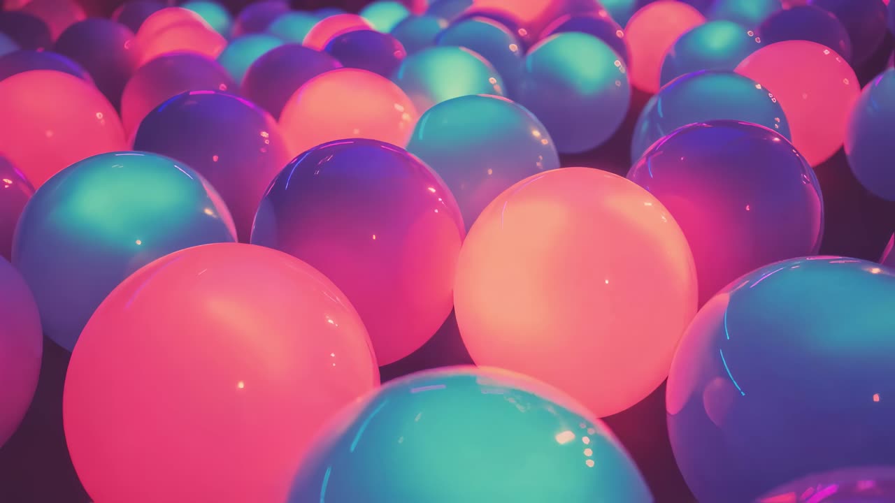 Colorful helium balloons gently floating in dark room, creating vibrant festive atmosphere with soft light and playful cluster of pink, purple, green, blue hues