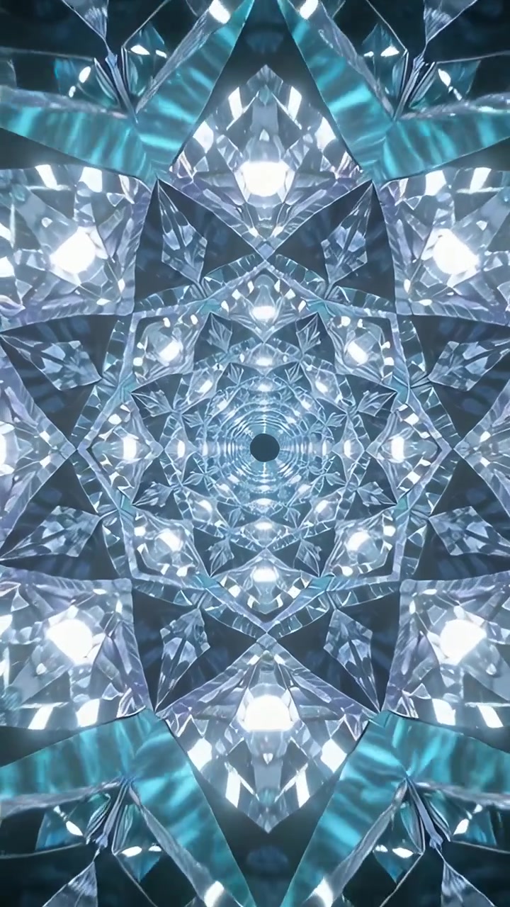 Video verticale: Mandala centrale che si apre e ruota sullo schermo con sfaccettature a specchio, fasce color verde acqua e una "d" nera.