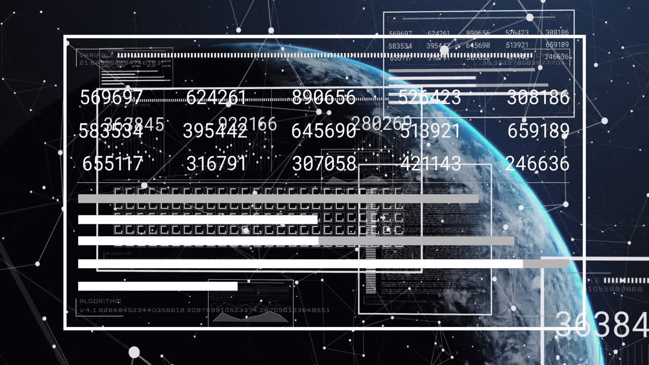 Animation of changing numbers, graph, loading squares over connected dots against globe