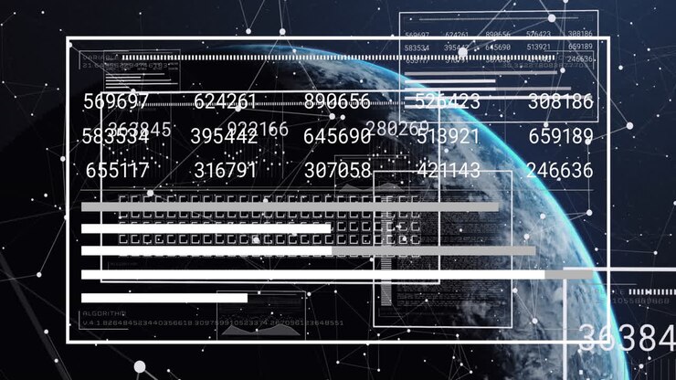 Animation of changing numbers, graph, loading squares over connected dots against globe