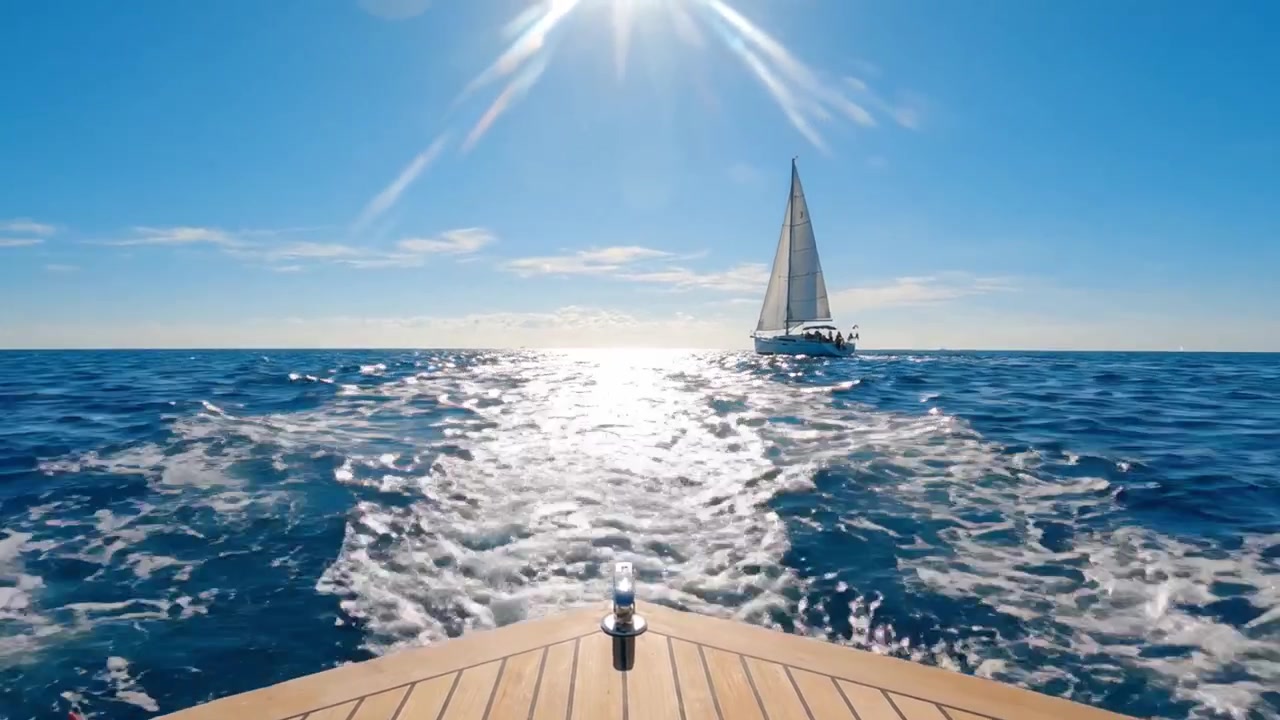 Prachtig tafereel van een zeilboot die over het kristalheldere oceaanwater glijdt onder een stralende zonovergoten hemel, vastgelegd vanuit het perspectief van een andere boot