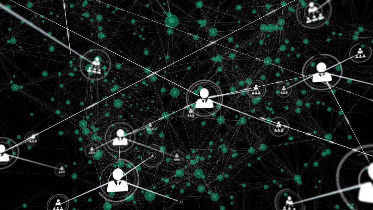 Animation of network of connections with icons on black background