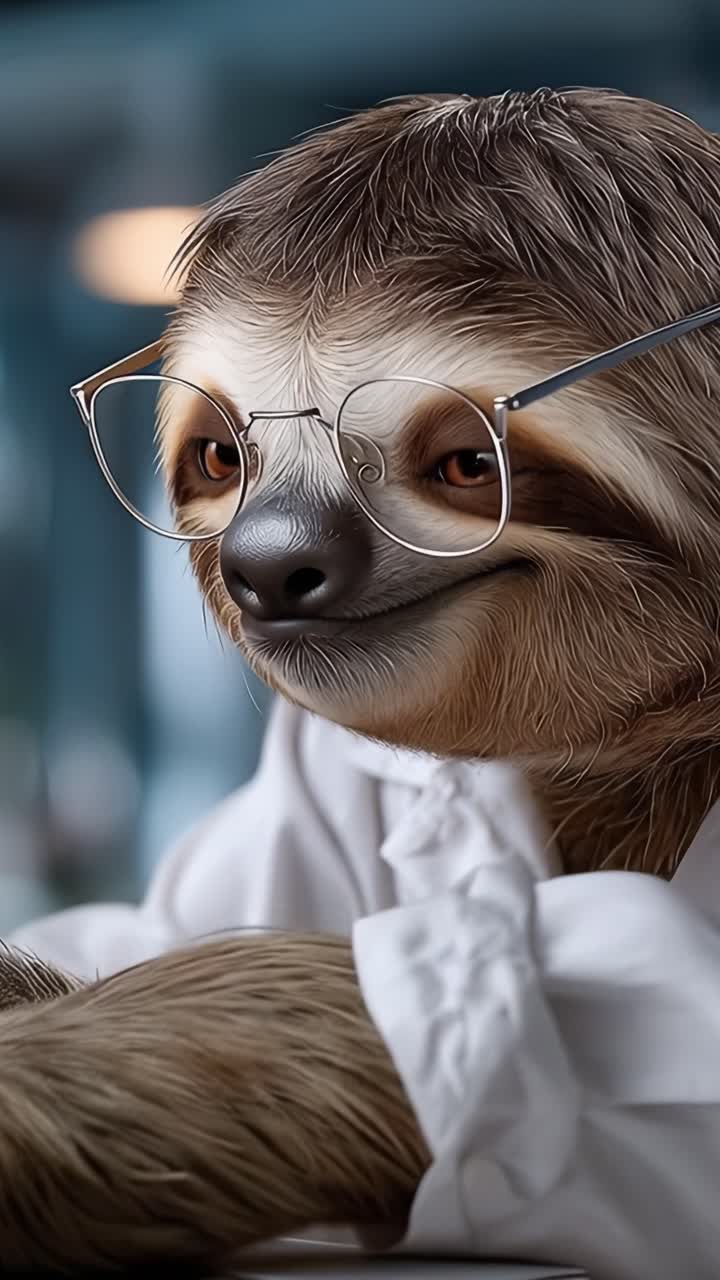 Un bradipo bizzarro con occhiali e camice da laboratorio, che incarna il fascino di un ricercatore curioso, osserva con curiosità la telecamera su uno sfondo di laboratorio luminoso.