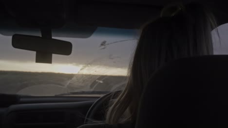 adult female rear view driving on road trip looking through dirty windshield at dusk