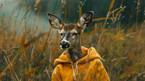 a deer wearing a yellow hoodie standing in tall grass