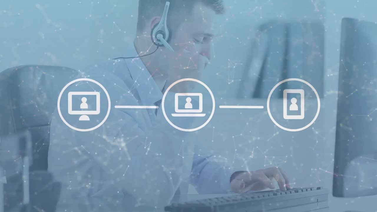 animación de la red de conexiones e iconos sobre un hombre de negocios con auriculares