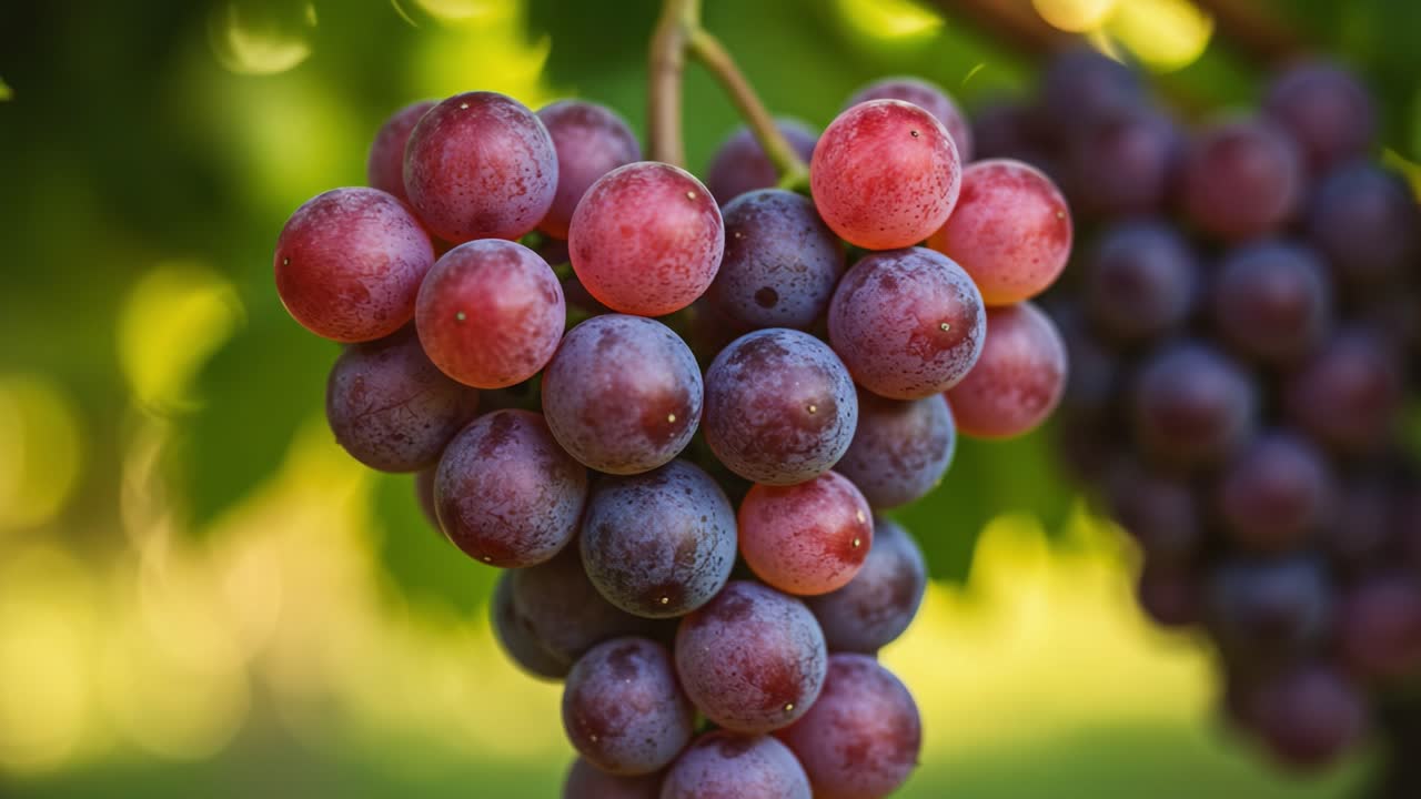 A Close-up Image of Lush Grapes Hanging from Vines, Showcasing a Beautiful Blend of Rich Purple and Red Shades in a Sunlit Garden Setting