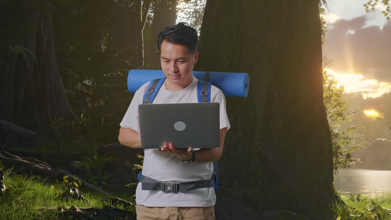 산악자 배 을 들고 산림 자연 을 탐험 하는 동안 노트북 을 사용 하는 아시아 남자 산책자