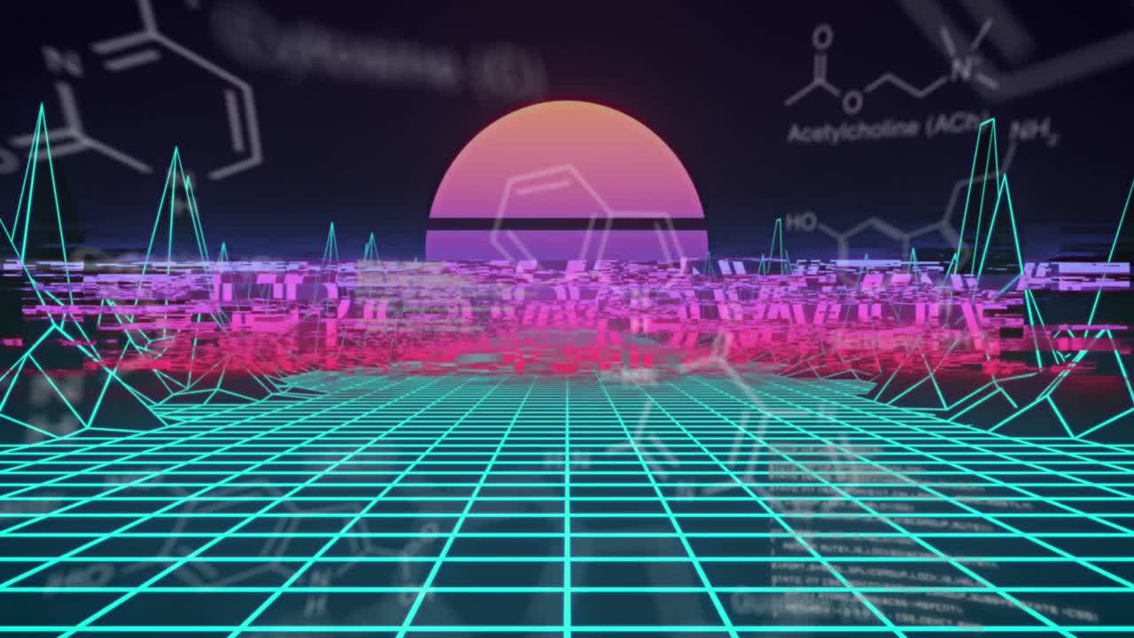 그리드 그래프와 통계 및 디지털 지형 위의 레트로웨이브 텍스트의 애니메이션