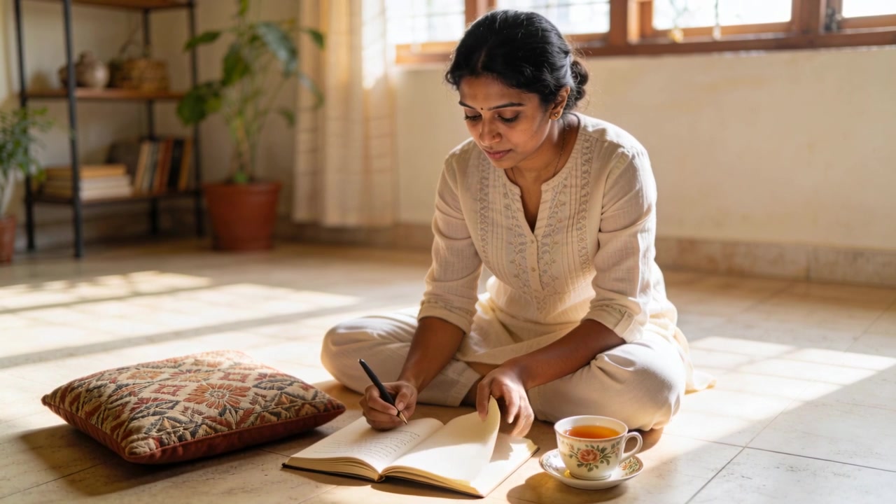 Donna in kurta che si accinge a scrivere in una stanza illuminata dal sole, sfogliando le pagine di un quaderno e tenendo una penna con una tazza da tè.