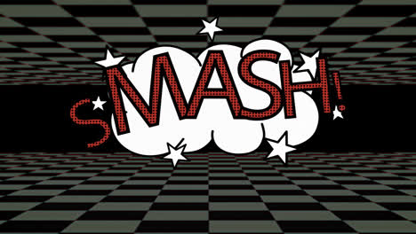 smash written on cartoon explosion on black background black and grey checkerboard moving top and bo