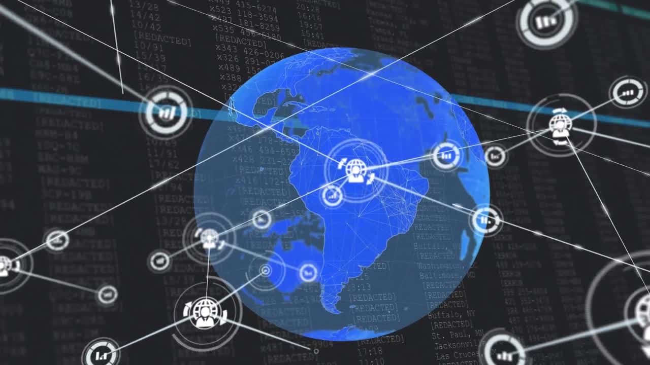 블루 글로브와 연결된 정보 아이콘의 네트워크의 애니메이션이 검은색 배경 위에 움직입니다.