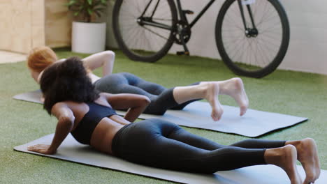 yoga, women and exercise at office