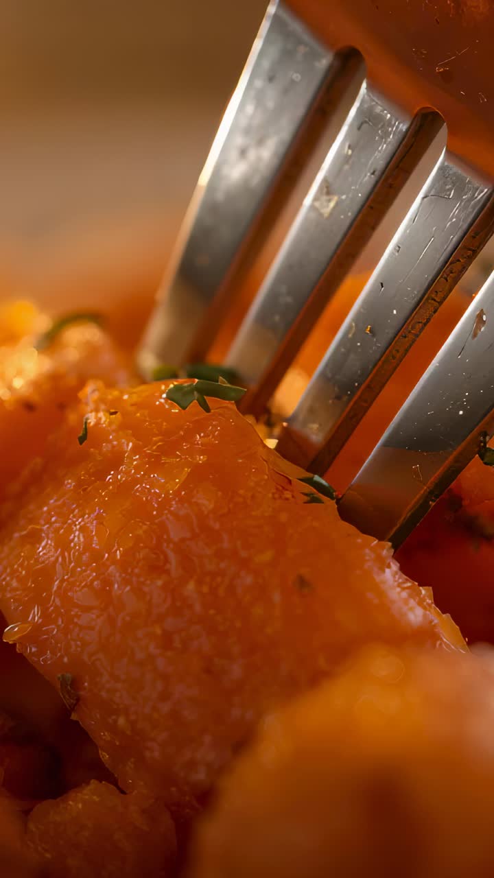 Vertical video: Fork pressing and lifting roasted veg cube to taste at warm table, with glaze, herb