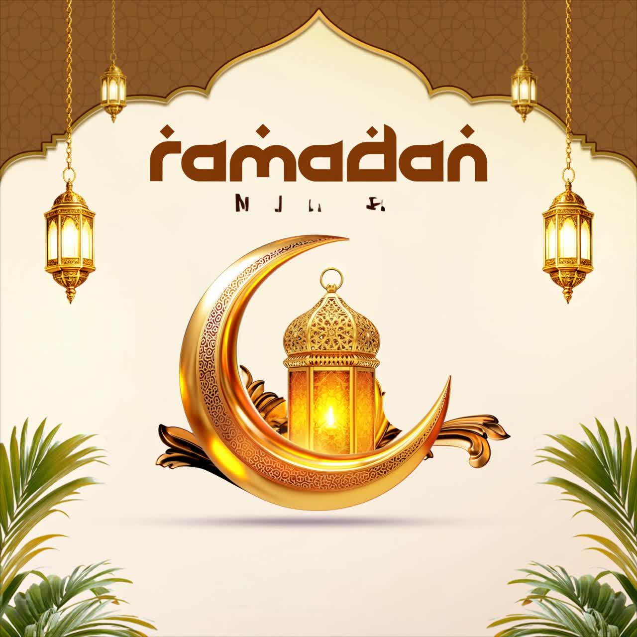 Animazione di lusso per banner di auguri Ramadan Mubarak con cornice ad arco a lanterna e mezzaluna dorata su sfondo testurizzato beige