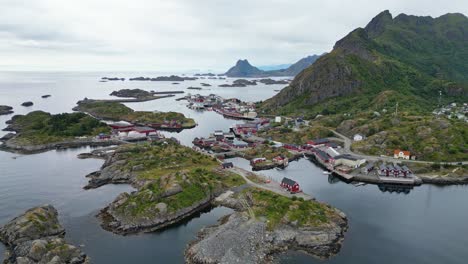 stamsund village in lofoten islands archipelago, norway - aerial 4k