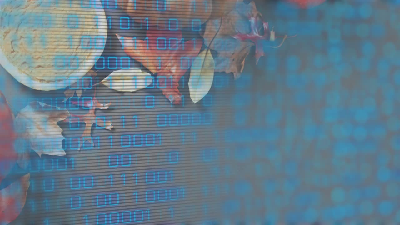 On load binary overlay scrolling over pancake stack with syrup and autumn leaves, adding contrast