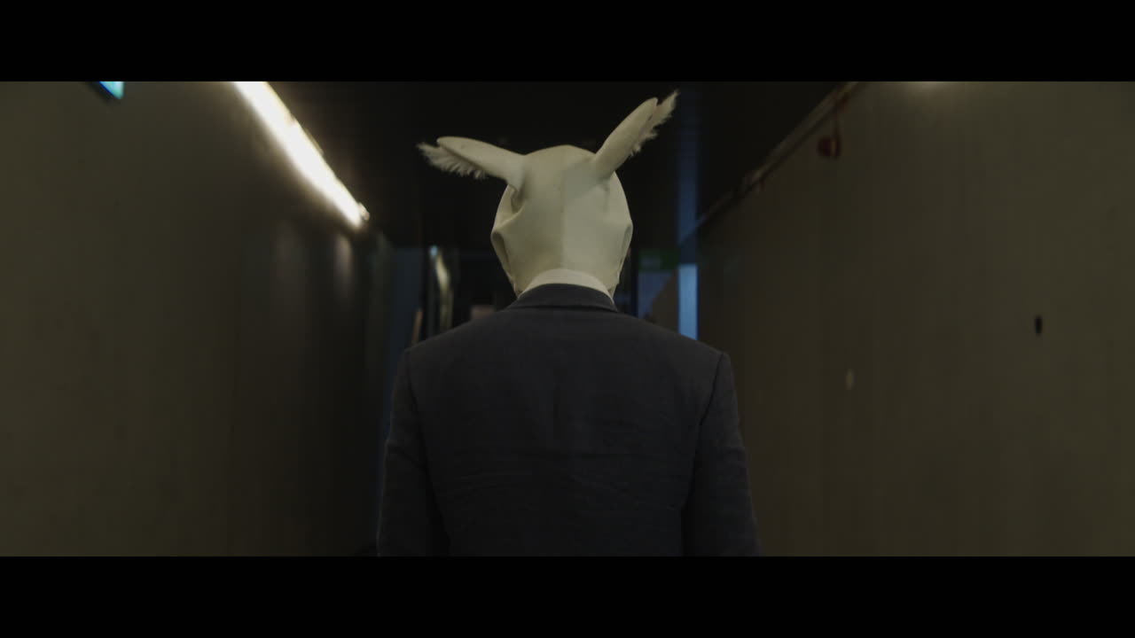 Man walking down a corridor with a rabbit head