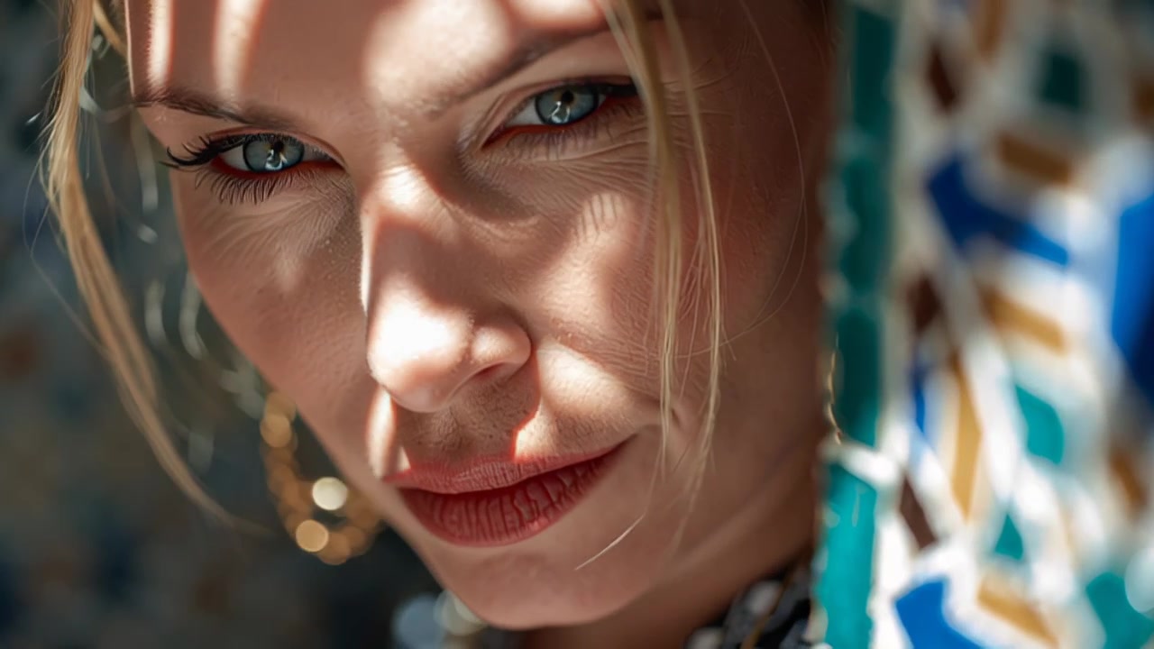 Cinematic close-up footage of a blonde woman with eyes closed in warm sunlight and patterned shadows, calm reflective mood, shallow depth of field, indoors