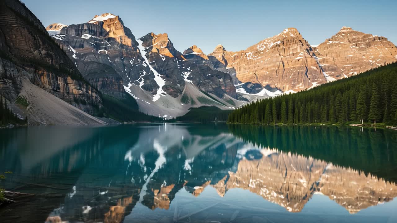 Serene Mountain Landscape with Reflective Lake and Lush Green Forests at Dawn, Capturing the Majestic Beauty of Nature's Tranquility and Splendor