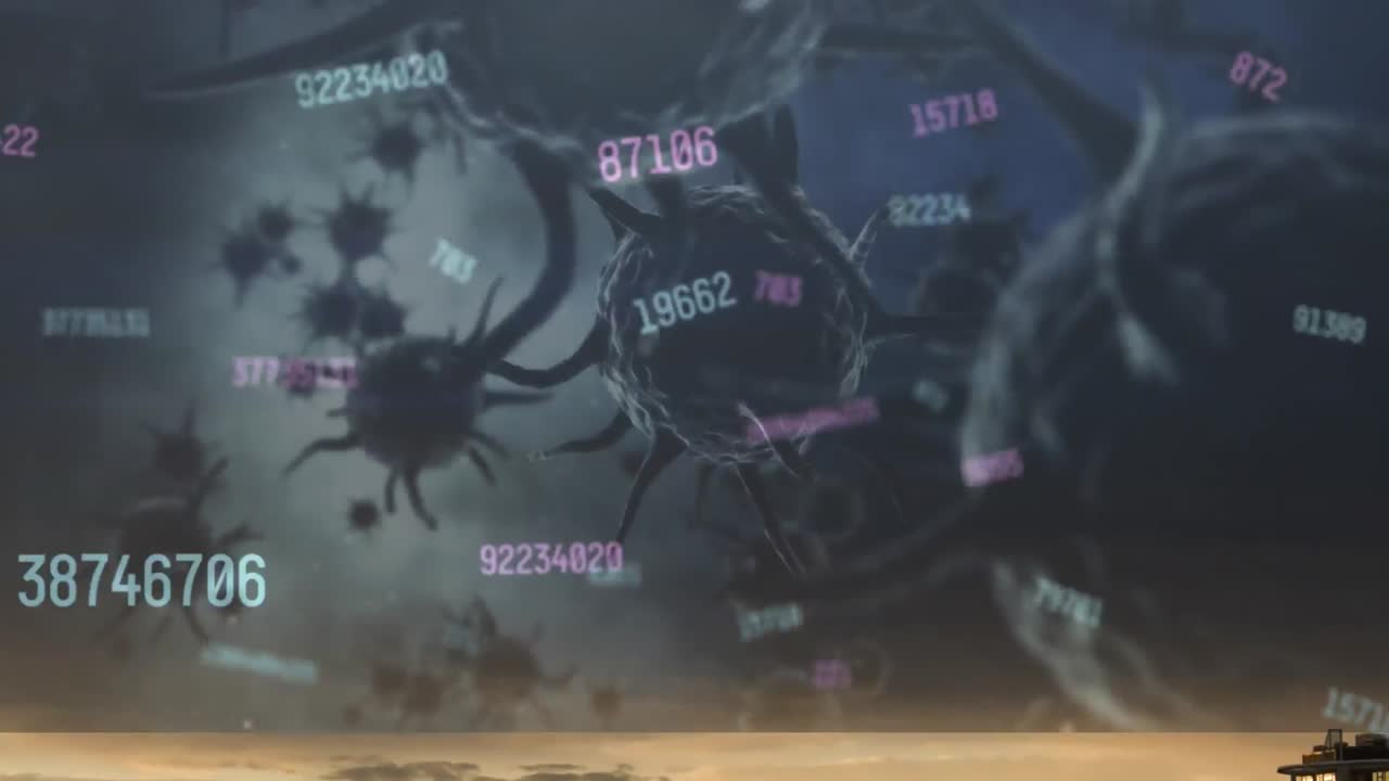 Multiple changing numbers and covid-19 cells floating against clouds in the sky