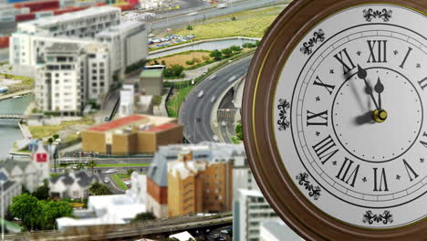 animation of clock ticking over cityscape