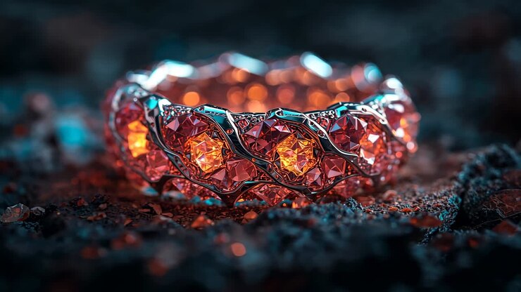 Anello luminoso che intensifica il fuoco della gemma mentre l'illuminazione cambia in una grotta rocciosa, rivelando dettagli in metallo