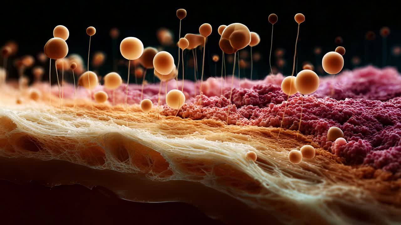 A Stunning Macro View of Cellular Structures with Brown and Pink Textures, featuring Microscopic Spheres and Filaments in a Vividly Detailed Biological Landscape