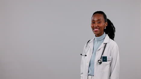 Black-woman,-doctor-and-pointing-to-mockup