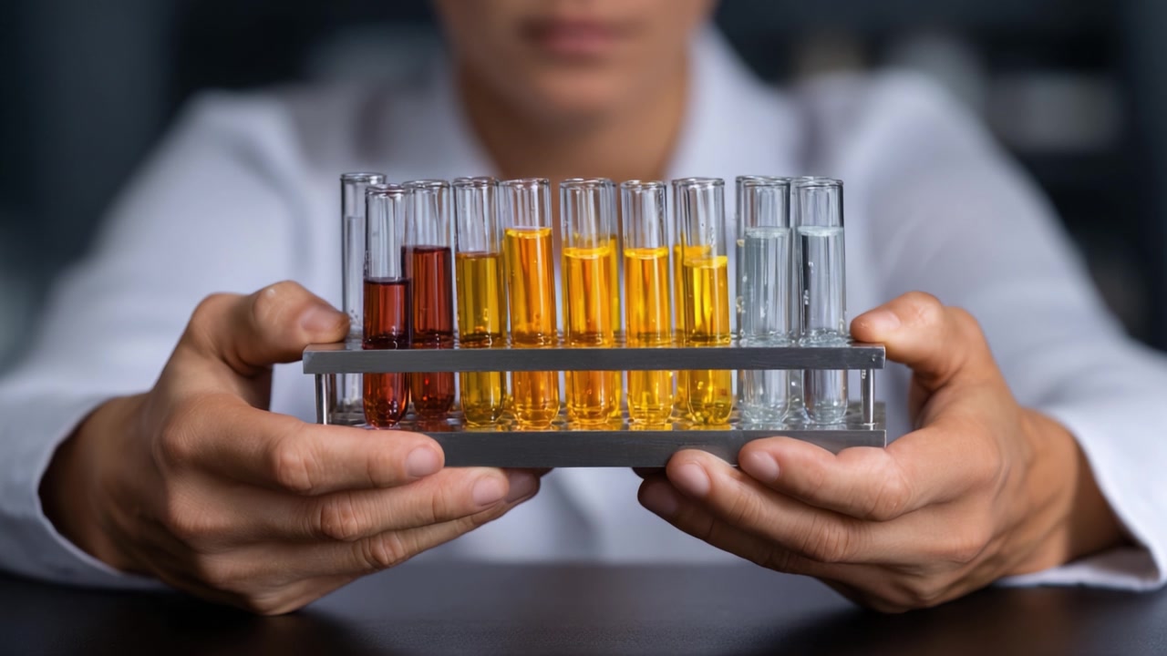 Scientist Examining Colorful Liquid Samples in Test Tubes, Showcasing a Variety of Chemical Reactions and Solutions in a Laboratory Setting